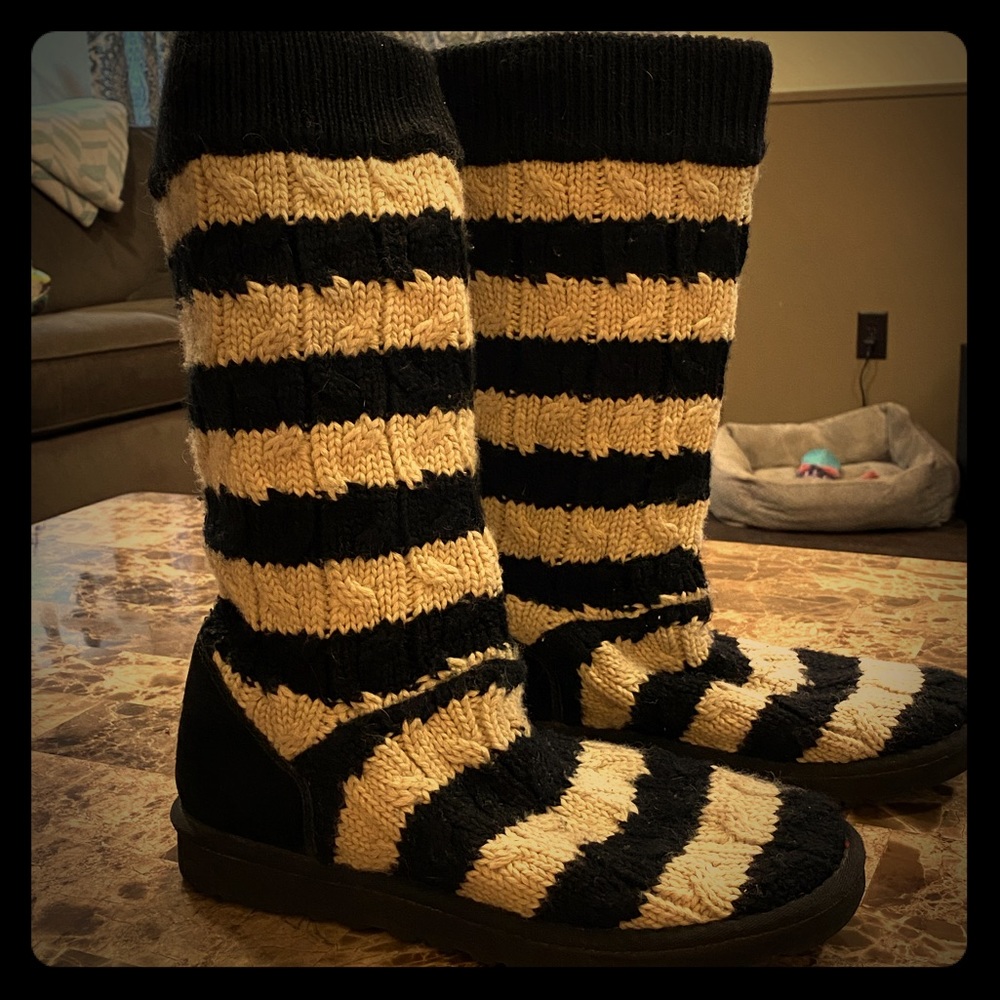 Ugg Black and White Stripe Cable Knit Boots